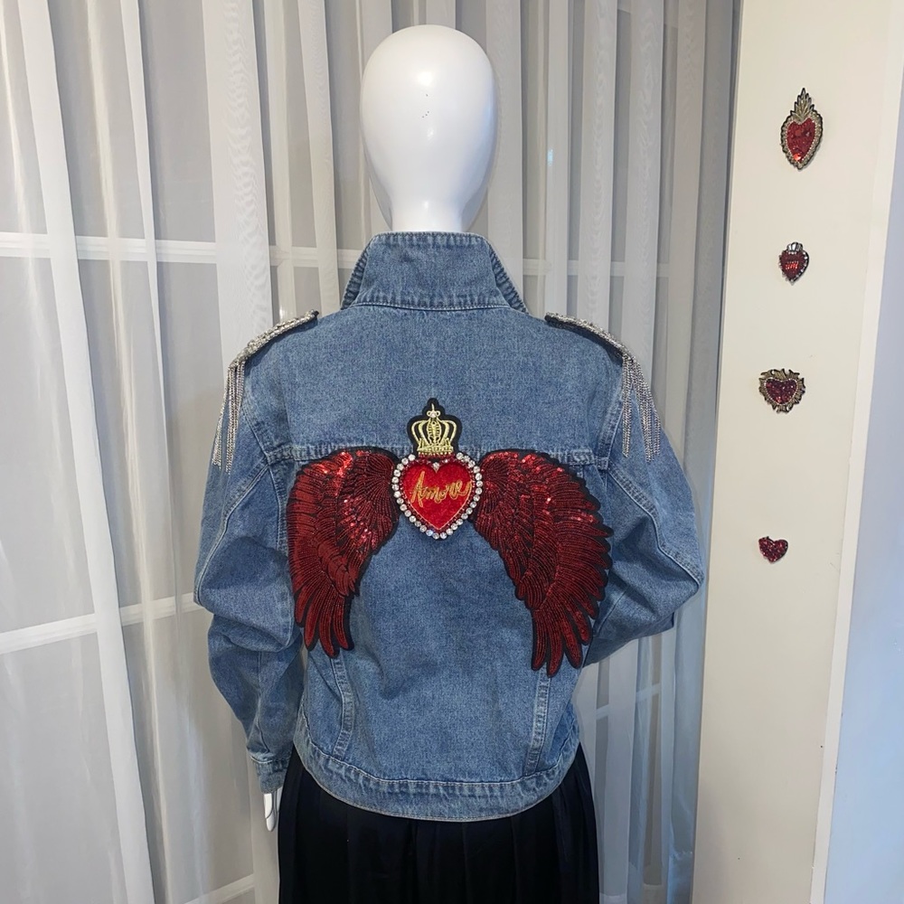 Embellished Denim Jacket with Red Wings